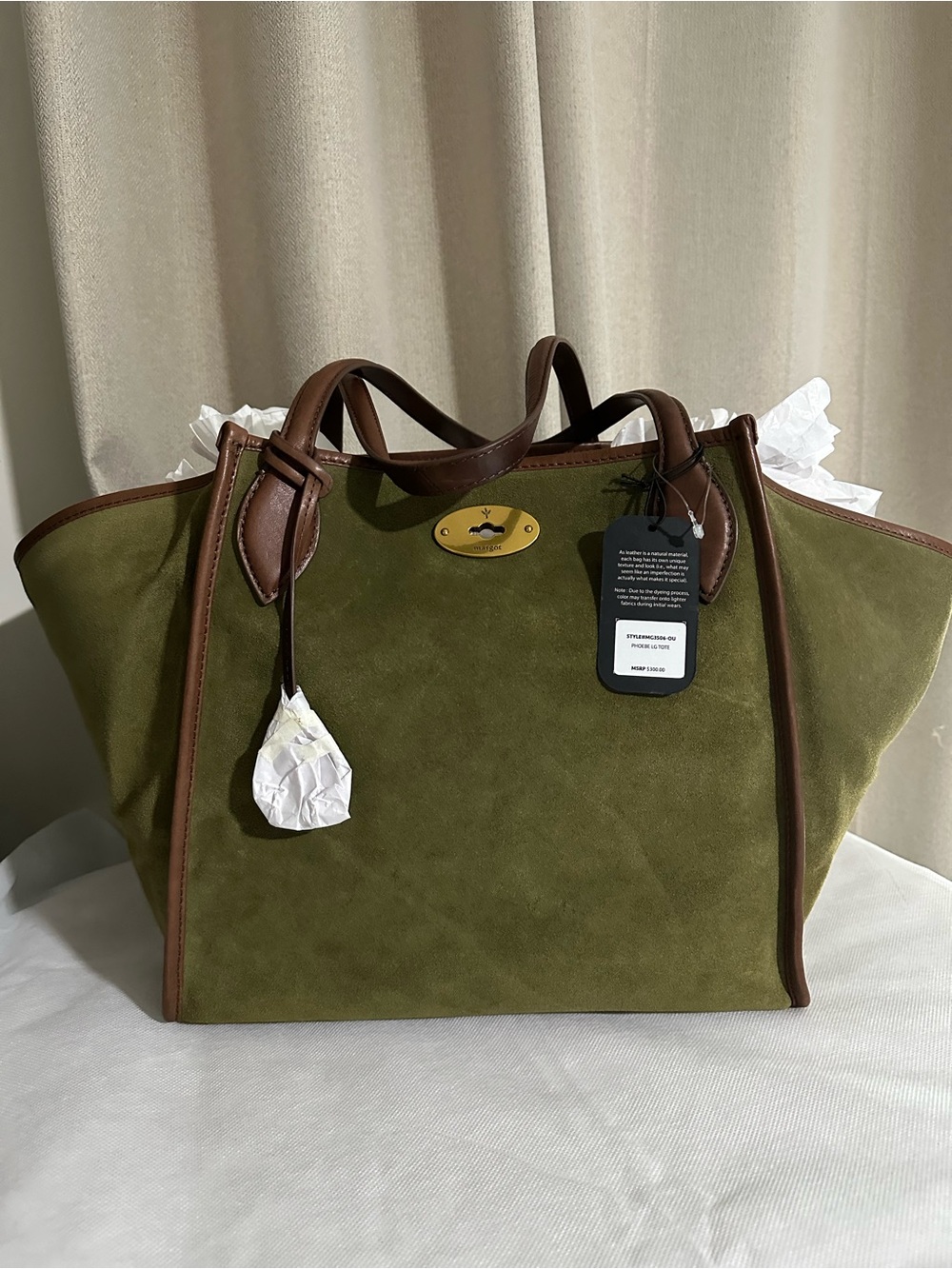 NWT Viral Margot Olive Green Suede Tote Bag with Brown Trim